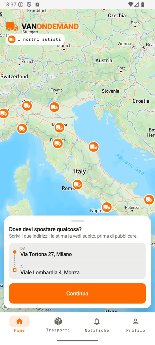 La schermata iniziale dell'app Van on Demand
